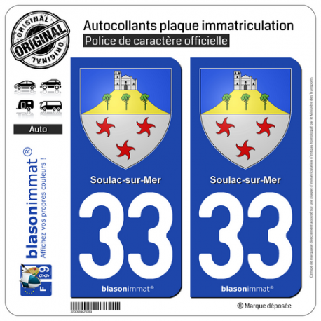 2 Autocollants plaque immatriculation Auto 33 Soulac-sur-Mer - Armoiries