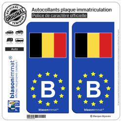 2 Autocollants plaque immatriculation Auto B Belgique Drapeau - Identifiant - Européen