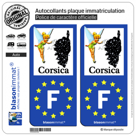 2 Autocollants plaque immatriculation Auto F Corsica Fée Clochette Identifiant Européen