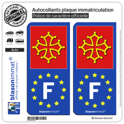 2 Autocollants plaque immatriculation Auto F Occitanie - Identifiant Européen