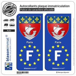 2 Autocollants plaque immatriculation Auto F Paris Armoiries - Identifiant Européen