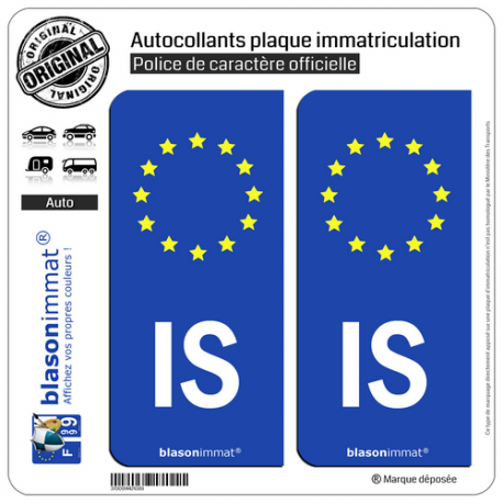 2 Autocollants plaque immatriculation Auto IS Islande - Identifiant Européen
