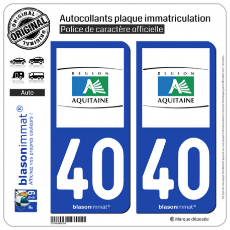 2 Autocollants plaque immatriculation Auto 40 Aquitaine - Tourisme