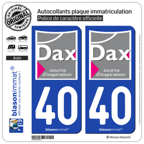 2 Autocollants plaque immatriculation Auto 40 Dax - Ville
