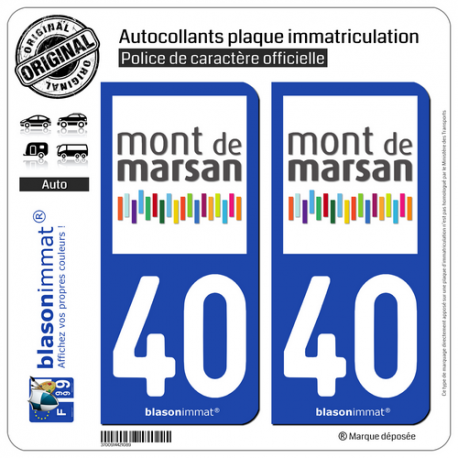 2 Autocollants plaque immatriculation Auto 40 Mont de Marsan - Agglo