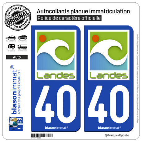 2 Autocollants plaque immatriculation Auto 40 Landes - Naturel