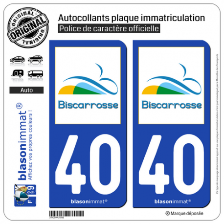 2 Autocollants plaque immatriculation Auto 40 Biscarrosse - VIlle