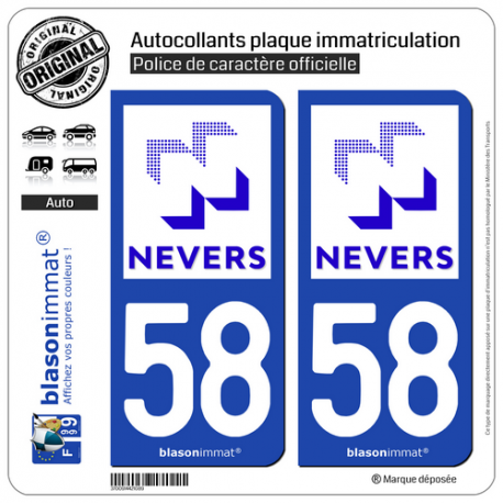 2 Autocollants plaque immatriculation Auto 58 Nevers - Ville