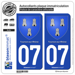 2 Autocollants plaque immatriculation Auto 07 Tournon-sur-Rhône - Armoiries