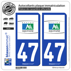 2 Autocollants plaque immatriculation Auto 47 Aquitaine - Tourisme