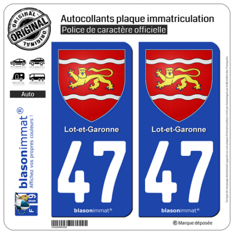 2 Autocollants plaque immatriculation Auto 47 Lot-et-Garonne - Armoiries
