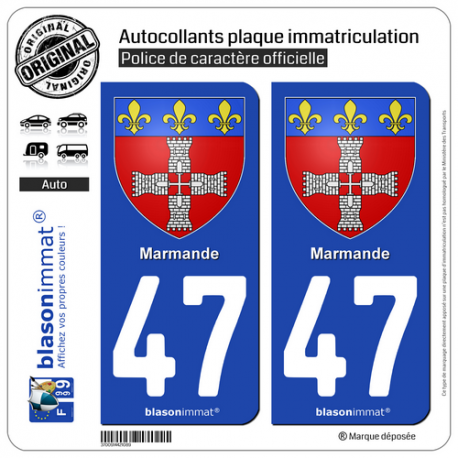 2 Autocollants plaque immatriculation Auto 47 Marmande - Armoiries