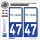2 Autocollants plaque immatriculation Auto 47 Marmande - Ville