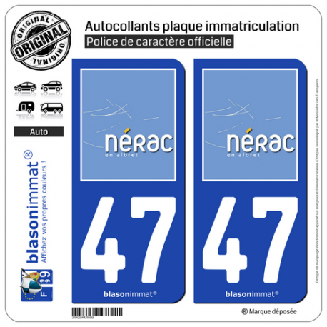 2 Autocollants plaque immatriculation Auto 47 Nérac - Ville