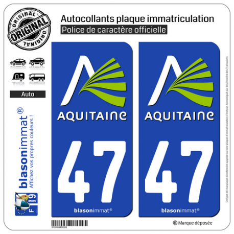 2 Autocollants plaque immatriculation Auto 47 Aquitaine - Nostalgie