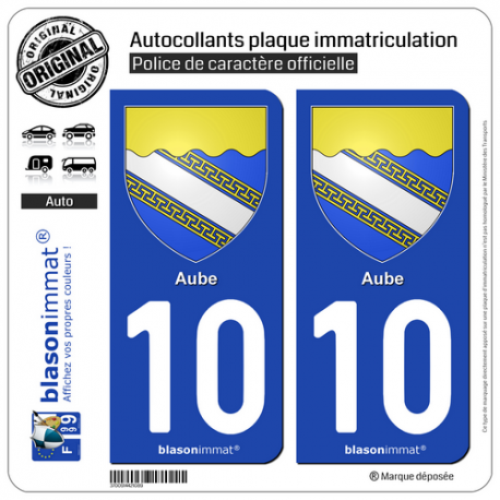 2 Autocollants plaque immatriculation Auto 10 Aube - Armoiries