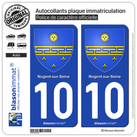 2 Autocollants plaque immatriculation Auto 10 Nogent-sur-Seine - Armoiries