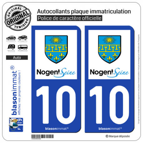 2 Autocollants plaque immatriculation Auto 10 Nogent-sur-Seine - Ville