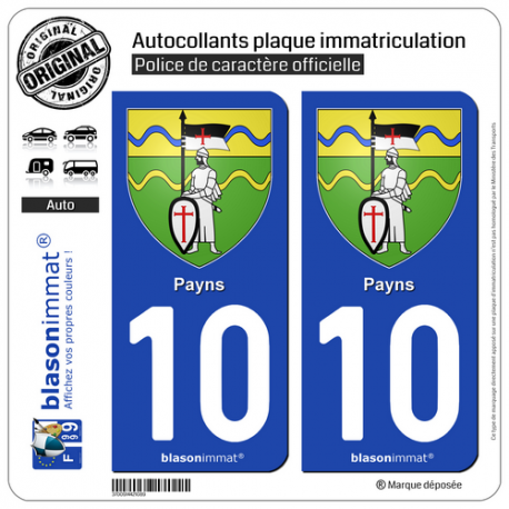 2 Autocollants plaque immatriculation Auto 10 Payns - Armoiries