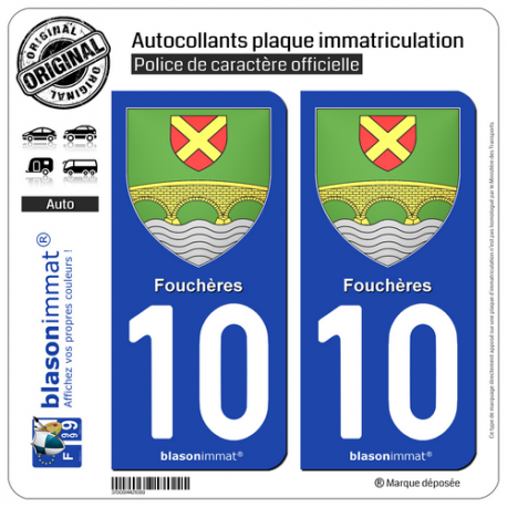 2 Autocollants plaque immatriculation Auto 10 Fouchères - Armoiries
