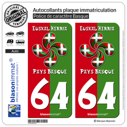 2 Autocollants plaque immatriculation Auto 64 Pays Basque - Collector