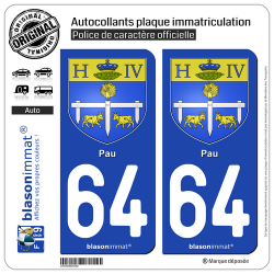 2 Autocollants plaque immatriculation Auto 64 Pau - Armoiries