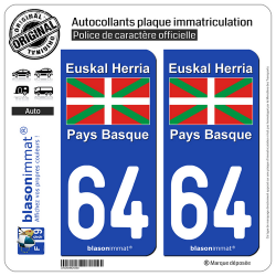 2 Autocollants plaque immatriculation Auto 64 Pays Basque - Drapeau