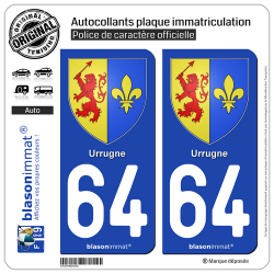 2 Autocollants plaque immatriculation Auto 64 Urrugne - Armoiries