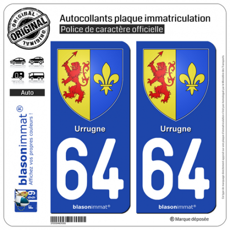 2 Autocollants plaque immatriculation Auto 64 Urrugne - Armoiries