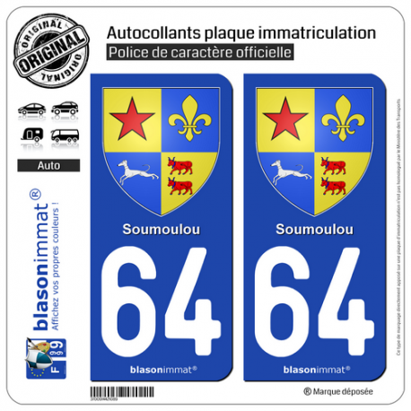 2 Autocollants plaque immatriculation Auto 64 Soumoulou - Armoiries