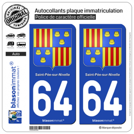 2 Autocollants plaque immatriculation Auto 64 St-Pée-sur-Nivelle - Armoiries