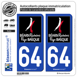 2 Autocollants plaque immatriculation Auto 64 Pyrénées-Atlantiques - Tourisme