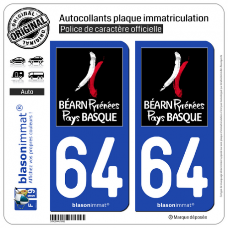 2 Autocollants plaque immatriculation Auto 64 Pyrénées-Atlantiques - Tourisme