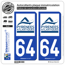 2 Autocollants plaque immatriculation Auto 64 Pyrénées-Atlantiques - Département
