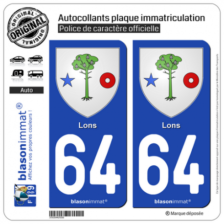 2 Autocollants plaque immatriculation Auto 64 Lons - Armoiries