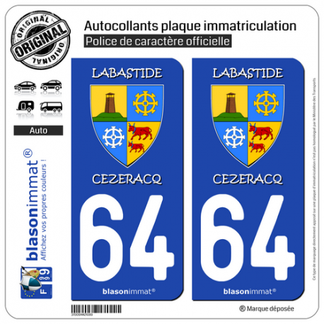 2 Autocollants plaque immatriculation Auto 64 Labastide-Cézéracq - Commune