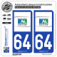 2 Autocollants plaque immatriculation Auto 64 Aquitaine - Tourisme