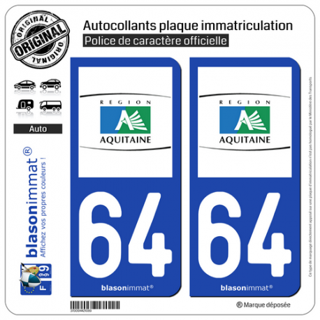 2 Autocollants plaque immatriculation Auto 64 Aquitaine - Tourisme