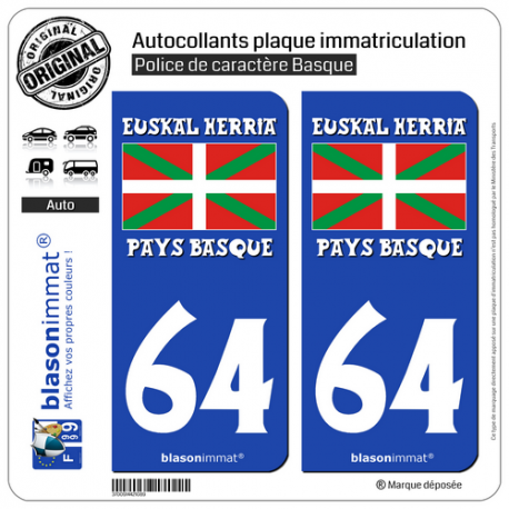 2 Autocollants plaque immatriculation Auto 64 Euskal Herria- Drapeau