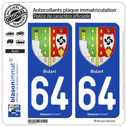 2 Autocollants plaque immatriculation Auto 64 Bidart - Armoiries