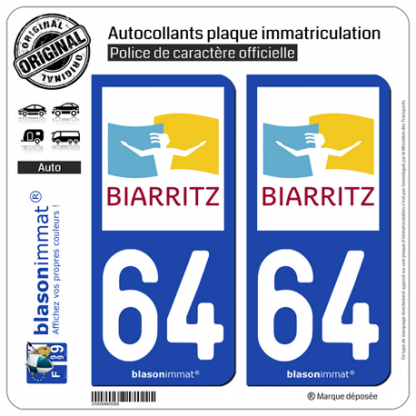2 Autocollants plaque immatriculation Auto 64 Biarritz - Ville