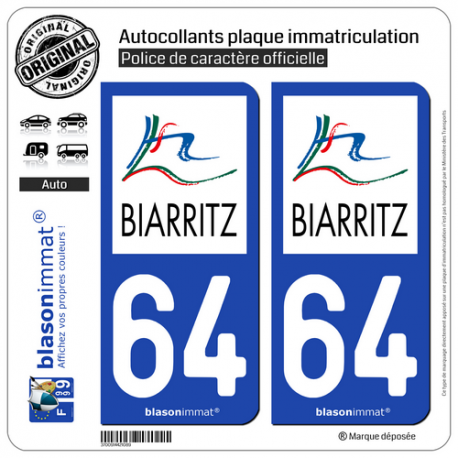 2 Autocollants plaque immatriculation Auto 64 Biarritz - Agglo