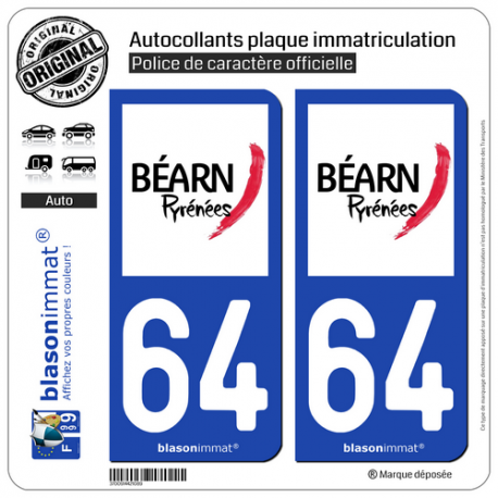 2 Autocollants plaque immatriculation Auto 64 Béarn - Tourisme