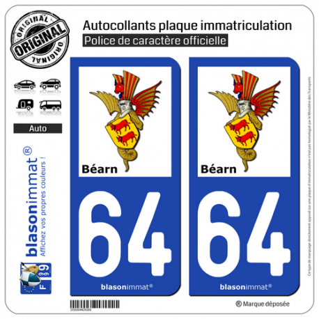2 Autocollants plaque immatriculation Auto 64 Béarn - Armoiries II