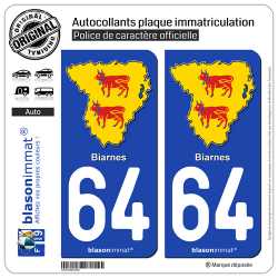 2 Autocollants plaque immatriculation Auto 64 Biarnes - Résident