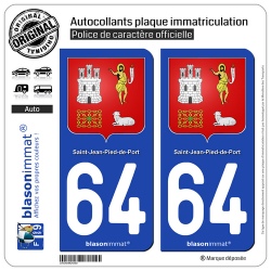 2 Autocollants plaque immatriculation Auto 64 Saint-Jean-Pied-de-Port - Armoiries