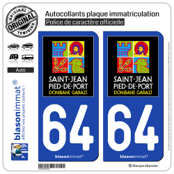 2 Autocollants plaque immatriculation Auto 64 Saint-Jean-Pied-de-Port - Commune
