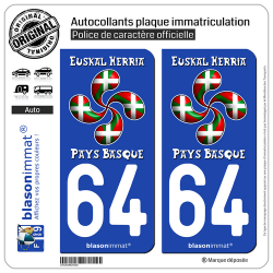 2 Autocollants plaque immatriculation Auto 64 Pays Basque - Lauburu Drapé