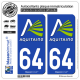 2 Autocollants plaque immatriculation Auto 64 Aquitaine - Nostalgie