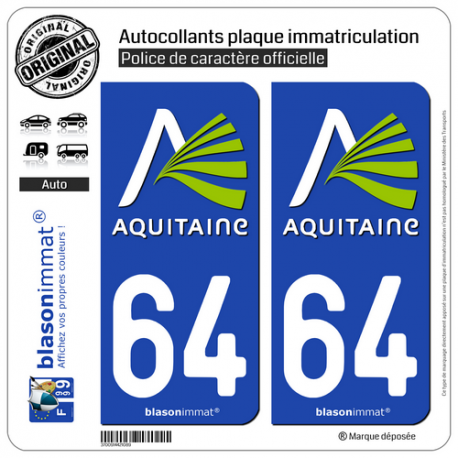 2 Autocollants plaque immatriculation Auto 64 Aquitaine - Nostalgie